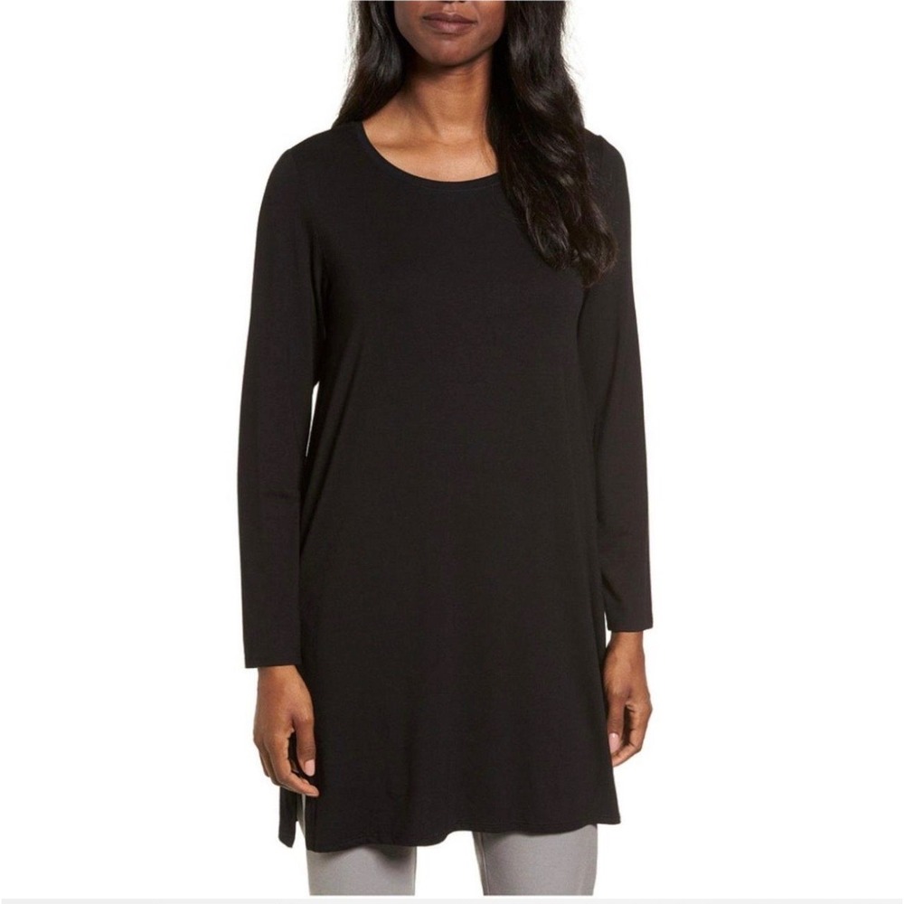 New NWT Eileen Fisher Stretch Roundneck Split Side Long Sleeve Tunic Black XL